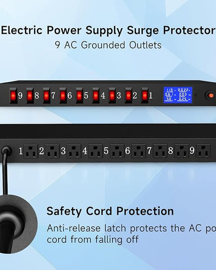 9 Outlet Rack Mount Power Strip with Individual Switches, PDU Surge Protector 15A 125V 1875W, 1U Server Rack Power Distribution Unit with Overload Protection and Power Monitoring, 6.5FT Cord
