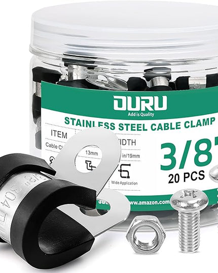 OURU 20PCS 3/8 Inch Cable Clamps with 45PCS Screws Assortment Kit 304 Stainless Steel Rubber Cushioned Insulated Cable Clamp, Automotive Wire Pipe Clamps(10mm)