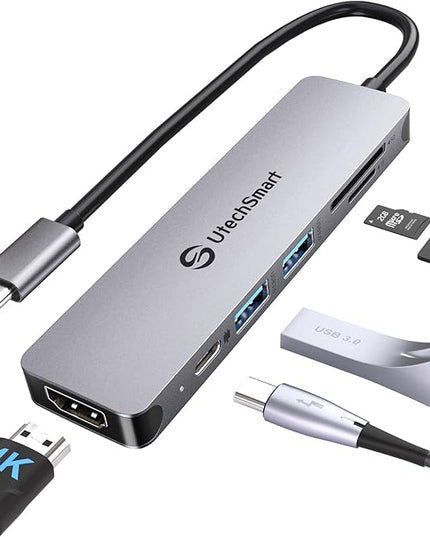 UtechSmart 6-in-1 USB-C Hub, 4K@60Hz HDMI Adapter for MacBook Pro/Air, Type-C Laptop Dongle (100W PD Port, SD/TF Card Reader, 2 USB 3.0 Ports)