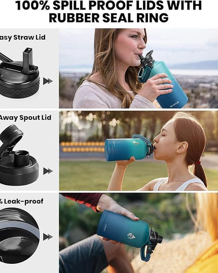 One Gallon Water Bottle Insulated, Triple Walled Vacuum Stainless Steel (Cold for 48 Hrs), Leak Proof & Non-BPA, Large Water Flask Jug with Paracord Handle & Straw Spout Lids