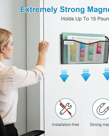 Magnetic Wall File Holder 3-Pack - Mesh Organizer with Strong Magnets for Office, Home & School - Space Saving Black Document Organizer