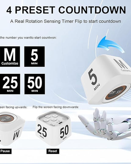 Rotating Cube Pomodoro Timer 5, 25, 10, 50 Min Preset + Custom Countdown, Desk Productivity Flip Visual Timer w/Silicone Case, Silent Mode, Ideal for ADHD Tool Study Work School (White)