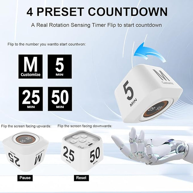 Rotating Cube Pomodoro Timer 5, 25, 10, 50 Min Preset + Custom Countdown, Desk Productivity Flip Visual Timer w/Silicone Case, Silent Mode, Ideal for ADHD Tool Study Work School (White)