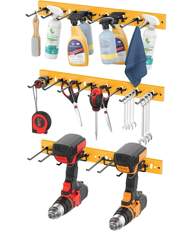 CCCEI 3 Modular Pegboard Strip Storage, Metal Peg Slat Wall Mount for Garage, Basement, Garden, Laundry Room Organization. Flexible Tool Organizer for Rake, Shovels, Crafting. Gifts for Men, Yellow.