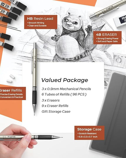 Nicpro 0.9 mm Art Mechanical Pencil Set in Storage Case, 3 PCS Metal Drafting Pencil Lead Pencil with 6 Tube HB Lead Refills, 3 Erasers, 9 PCS Eraser Refills for Artist Writing, Drawing, Sketching