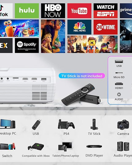Full HD WiFi Bluetooth Projector Built in DVD Player, 12000LM 1080P Supported, Portable Mini DVD Projector for Outdoor Movies, 250" Home Theater, Compatible with iOS/Android/TV Stick/PS4/HDMI/USB/TF