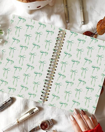 LIANGW Boho Green Bow Notebook Journal for Teen Girls & Women, Preppy Cute Journal Gifts for Women, Girly Gifts, Green Bow Office Supplies, Hardcover Spiral Notebook, 5.5x8.3 Inch