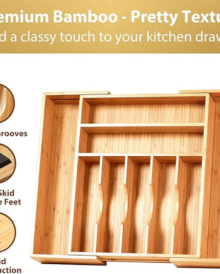 Umilife Large Expandable Kitchen Silverware Utensils Drawer Organizer, 2.5" Extra High Adjustable Drawer Divider with Curved Grooves, Bamboo Wood Cutlery Tray Flatware Holder