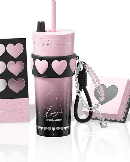 24 oz Stainless Steel Tumbler with Lid and Straw, Insulated Coffee Mug, Leak Proof, Portable Iced Travel Water Bottle, Reusable Thermal Coffee Cup Gift for Women, Pink