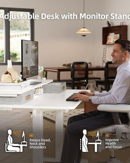 Seang Electric Standing Desk with 2 Drawers, Adjustable Standing Desk with Storage Shelf, Height Adjustable Stand up Desk for Home Office with 3 Presets & 2 Hooks, 48 Inch, White