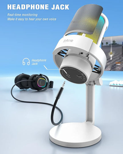 FIFINE Gaming USB PC Computer RGB Microphone for Live Streaming, Meeting, Podcasting, Video, Condenser Mic with Monitoring Headphone Jack, Light Control, for MAC OS/Windows-AmpliGame A8 White