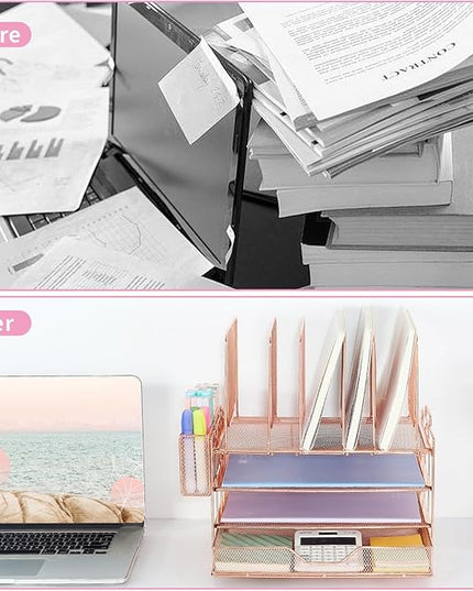 LEKETREE Desk Organizers and Accessories, 3-Tier Paper Organizer with 5 Vertical File Holders, File Organizer for Desk (Rose Gold With Drawer, 3T With Drawer)