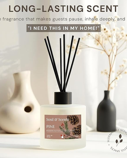 Soul & Scents Reed Diffuser Set – Pine | 7.43 oz Refillable Scented Oil with 6 Fiber Sticks | Long-Lasting Home Fragrance & Air Freshener for Bedroom, Bathroom, Office | Gift & Décor Piece