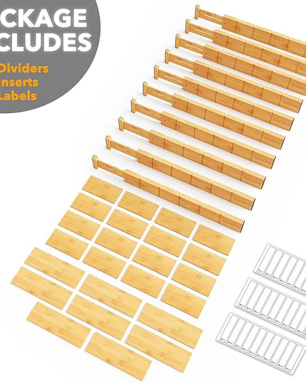 SpaceAid Bamboo Drawer Dividers with Inserts and Labels, Kitchen Adjustable Drawer Organizers, Expandable Organization for Home, Office, Dressers, 10 Dividers with 24 Inserts (17"-22" Natural)