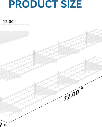 2-Pack 1x6ft Garage Wall Shelving, 12"x72" Shelf Storage Rack Floating Shelves Wall Mounted, Heavy Duty Storage Shelves, 800lbs Load Capacity, with 16 Hooks for Garage Organization, White