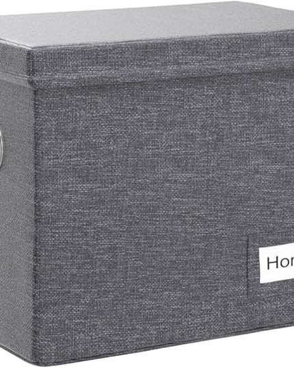 PRANDOM File Organizer Box - Set of 2 Collapsible Decorative Linen Filing Storage Hanging File Folders with Lids Office Cabinet Letter Size Grey (14x9.3x10.8 inch)
