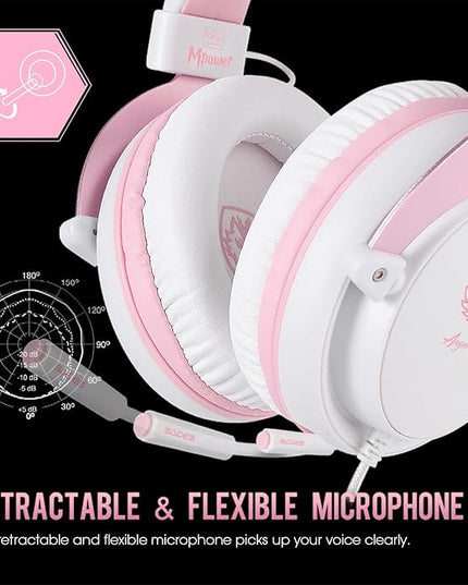 USOTSO MPOWER Stereo Gaming Headset for PS4, PC, Mobile, Noise Cancelling Over Ear Headphones with Retractable Flexible Mic & Soft Memory Earmuffs for Laptop Mac Games-Angel Edition
