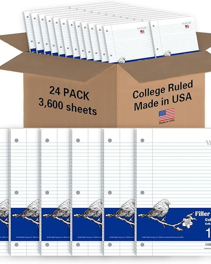 WritePads Loose Leaf Notebook Paper, 8"x10-1/2" College Ruled Lined Paper, 3 Hole Punched For 3 Ring Binder, 150 Sheets/Pack, 24PK Per Carton, 3600 Sheets, Made In USA
