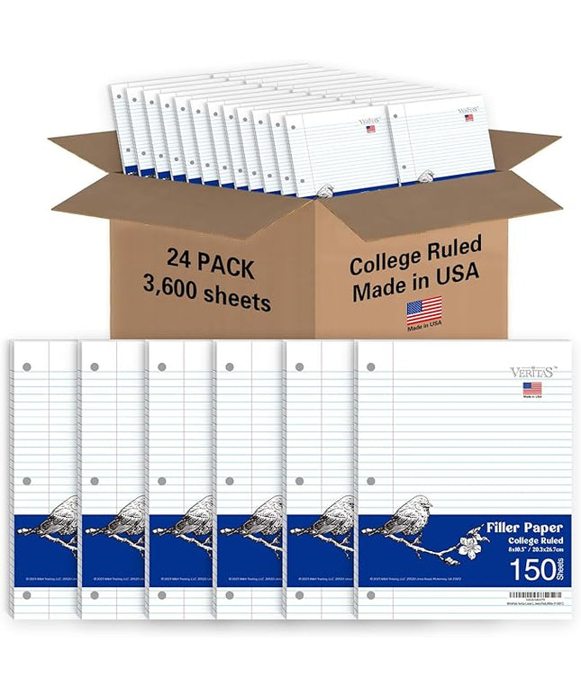 WritePads Loose Leaf Notebook Paper, 8"x10-1/2" College Ruled Lined Paper, 3 Hole Punched For 3 Ring Binder, 150 Sheets/Pack, 24PK Per Carton, 3600 Sheets, Made In USA