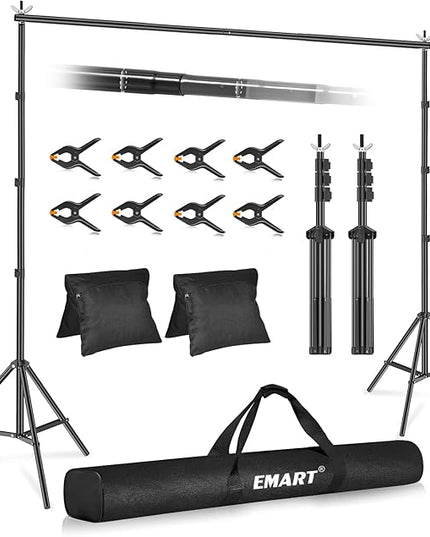 EMART Backdrop Stand 10x10ft(WxH) Photo Studio Adjustable Background Stand Support kit with 2 Crossbars, 8 Clamps, 2 Sandbags and Carry Bag for Parties, Events Decoration, Wedding, Photography