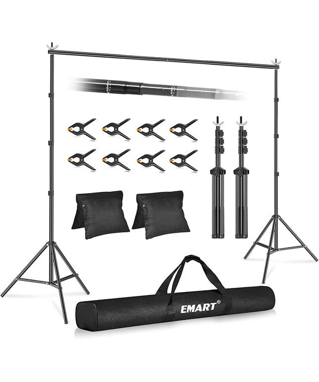EMART Backdrop Stand 10x10ft(WxH) Photo Studio Adjustable Background Stand Support kit with 2 Crossbars, 8 Clamps, 2 Sandbags and Carry Bag for Parties, Events Decoration, Wedding, Photography