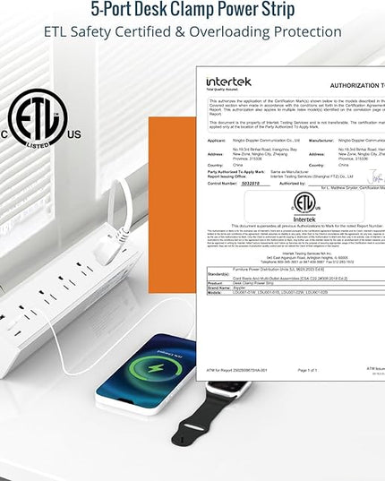 Tecmojo Desk Clamp Power Strip 5 Outlet with 2 USB A and 4 USB C Ports, 6 ft Cord, Desk Outlet Station Fit 1.6" Tabletop Edge,Over Loading Protection,ETL Listed,White