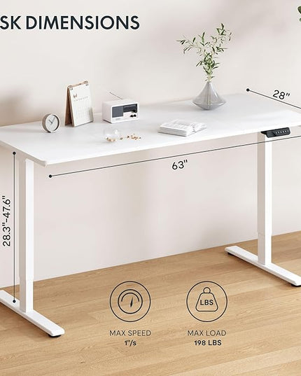 FLEXISPOT 63x28 Inch Large Dual Motor Electric Standing Desk, White - Computer Desk with Memory Controller, Home Office Desk with Splice Board