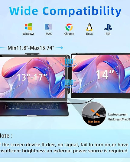 BKVOO Laptop Screen Extender Travel Monitor - 14" Dual Portable Monitor IPS FHD 1080P Travel Work Extra Screen Plug and Paly USB-C HDMI Port Compatible with Wins Mac Chrome Dex Fits 13-17" Laptops