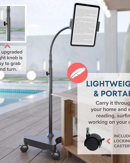 LEVO Adjustable Height Floor Stand on Wheels for Tablet & Phone - Gooseneck Holder Mount with Stable Base - Compatible with All Cell Phones & Tablets (4-13 inch) - Black with Casters