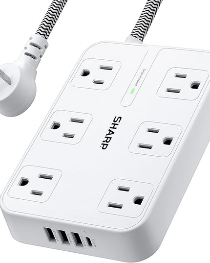 SHARP Surge Protector Power Strip - 6 Widely Spaced Outlets with 4 USB Fast Charge USB Charging Ports (3 USB-A and 1 USB Type-C), Flat Wall-Hugger Plug and 6 ft. Braided Cord, White