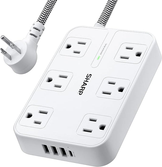 SHARP Surge Protector Power Strip - 6 Widely Spaced Outlets with 4 USB Fast Charge USB Charging Ports (3 USB-A and 1 USB Type-C), Flat Wall-Hugger Plug and 6 ft. Braided Cord, White