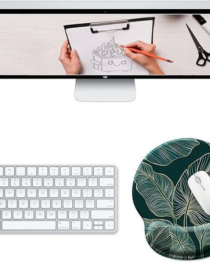 Ergonomic Mouse Pad Wrist Support, Green Tropical Leaves Mouse Pads with Wrist Rest, Computer Mousepad for Gaming with Non-Slip PU Base, Comfortable Mouse Pad Office Decor Desk Accessories
