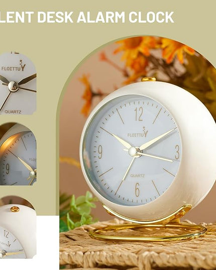 FLOITTUY Silent Table Analog Alarm Clock No Ticking, Lighted on Demand and Battery Operated, Beep Sounds, Small Desk Clock(White)