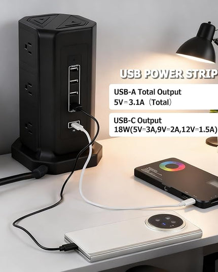 EP Power Strip Tower with USB Ports Surge Protector,Power Cord with 9 AC Outlet and 4 USB (3A 1C), 6 FT Extension Cord with Multiple Outlets, Charging Station for Home Office Dorm