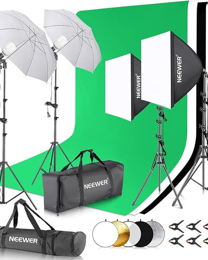 NEEWER Photography Lighting Kit with Backdrops,8.5x10ft Backdrop Stands,5700K 800W Equivalent 24W LED Umbrella Softbox Continuous Lighting,60cm Light Reflector, Photo Studio Equipment for Video Shoot