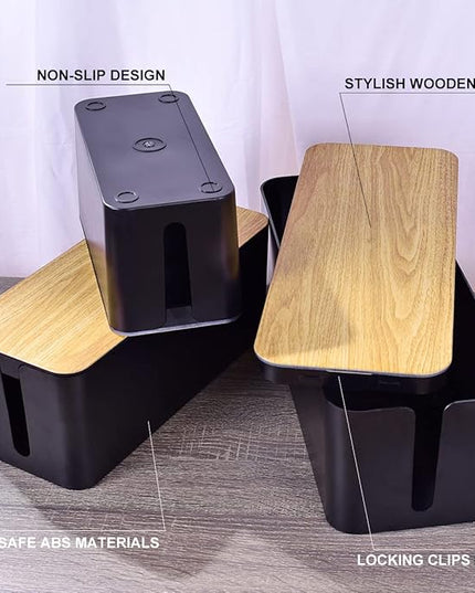 3 Pack Cable Management Box with 18 PCS Cable Management Set - Large & Medium & Small Wooden Grain Cable Organizer Box to Hide Wires & Power Strips | TV Cord Organizer Box | for Home & Office(Black)