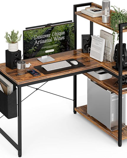Grandder 40 Inch L Shaped Computer Desk with Reversible Storage Shelves, Home Office Corner Desk Study Writing Table with Hutch, Study, Rustic Brown