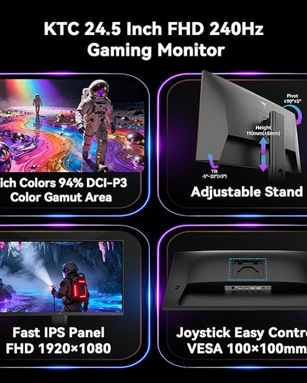 KTC 24.5 Inch 240Hz Gaming Monitor, FHD 1080p Fast IPS Computer Monitor, 1ms with Adaptive-Sync, HDR400, HDMI x2, DPx1, VESA Mount, Tilt/Pivot/Height Adjustment, H25T7-3