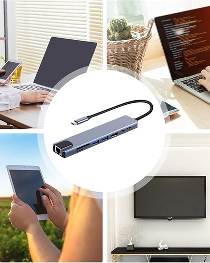 USB C Hub – Type C 8 in 1 Docking Station Adapter | 4K 100Mbps Ethernet USB Card Reader Function Hub | Laptop Tablet Expansion Solution for Office Work Travel and Daily Use