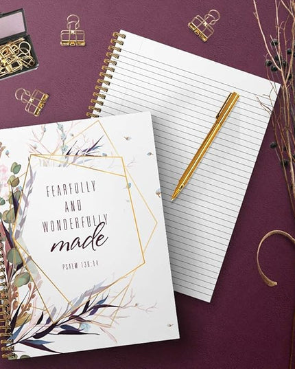 Softcover Wonderfully Made 8.5" x 11" Religious Spiral Notebook/Journal, 120 College Ruled Pages, Durable Gloss Laminated Cover, Gold Wire-o Spiral. Made in the USA