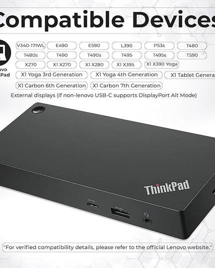 40AY0090US Lenovo Thinkpad Docking Station Dual Monitor - Supports 4K Display, Thinkpad Dock with 90W Adapter, HDMI, DisplayPort, USB C Cables & Cloth - Lenovo Docking Station