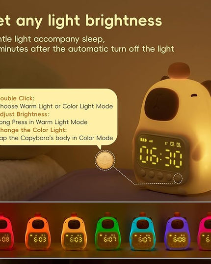 Capybara Alarm Clock with Night Light for Kids, Cute Toddler Alarm Clocks for Bedrooms Ok to Wake Clocks for Girls and Boys, Silicone Animal Tabletop Lamp for Kid, RGB Color