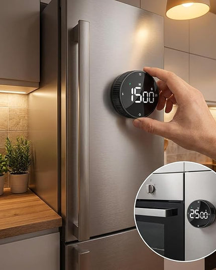 Rechargeable Magnetic Kitchen Timer, LED Countdown/Count-Up Timer, Supports USB-C Charging, with Loud Alarm, 3 Preset Quick Times (5/15/25m), Perfect for Kitchen Cooking, Studying, and Fitness