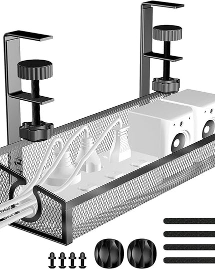 Under Desk Cable Management Tray Black, No Drill Desk Cable Wire Management Organizer with Clamp, PC Cord Organizer Accessories & Workspace for Office, Home