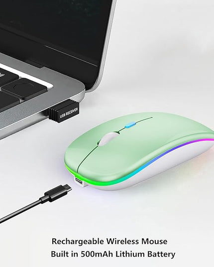 Wireless Bluetooth Mouse Rechargeable Laptop Mice with LED Lights Silent Slim Use(BT5.2 and 2.4G Portable USB) Dual Mode Computer Mouse for Laptop/iPad/Tablet/Apple/Computer/Mac (Green)