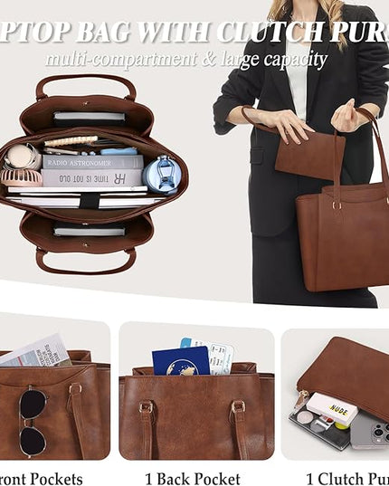 RAINSMORE Laptop Bag for Women 15.6 Inch Work Tote Bags Waterproof Computer Bags Leather Professional Laptop Purse Womens Laptop Briefcase Large Handbag for Office Teacher Travel, Retro Brown