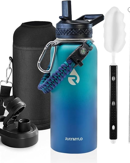 Insulated Water Bottle 32 oz, Triple Wall Vacuum Stainless Steel (Cold for 48 Hrs), Leak Proof & Non-BPA, Modern Water Flask Jug with Paracord Handle & Straw Spout Lids, Cyan Blue