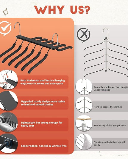 Clothes Hangers Space Saving 6 Tier Coat Hangers, Swing Arm Non Slip Padded Multi Sweater & T Shirt Hangers, 2 Packs Heavy Duty Stainless Steel Sweater Closet Organizers and Storage