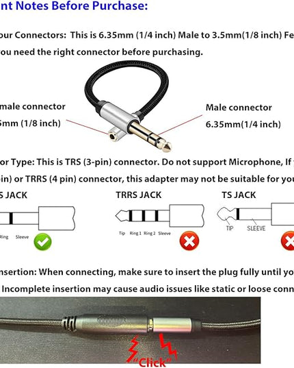 WISYIFIL 1/4 to 1/8 Headphone Cable Adapter, TRS Auxiliary Aux Cord 6.35mm Male to 3.5mm Female Stereo Jack Audio Adapter for Amplifiers,Guitar, Piano, Home Theater, Braided Cable 1ft (30cm)