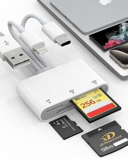 XD Card Reader, SD Card Reader for iPhone, 3 in 1 SD/TF/XD Picture Reader for Lightning/USB C/USB A Device, Lightning+USB A+USB C xd Picture Card Adapter for iPhone 16/15/14/13/iPad/PC/Android